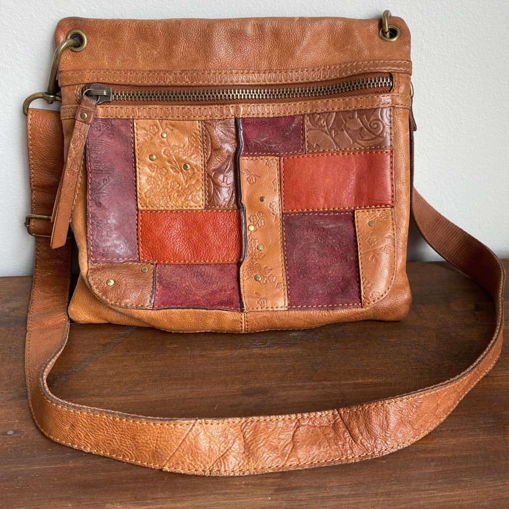 Fossil Patchwork Leather Crossbody Bag in Brown, Tan, and Red Tones